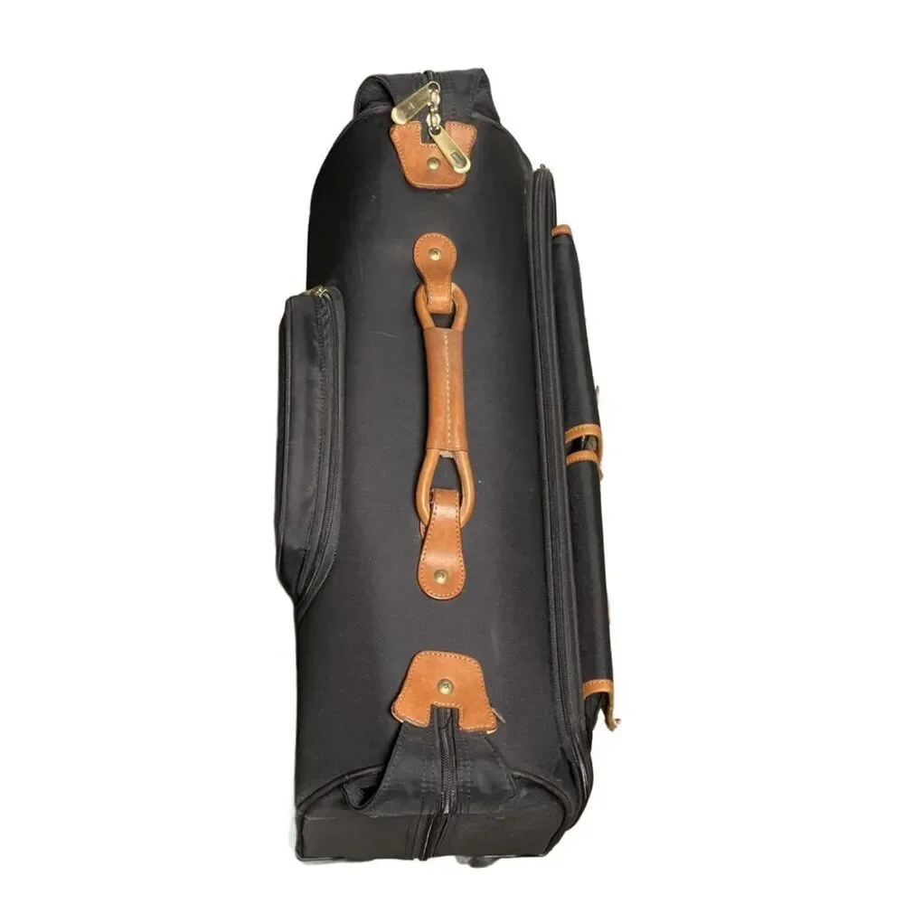 Hartmann Black Rolling Garment Bag w/Tan Leather Trim & Gold Satin Interior